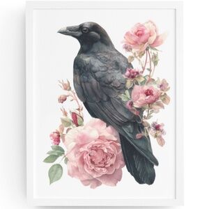 Watercolor Floral Black Crow Wall Art Print Unframed - Black Bird Illustration